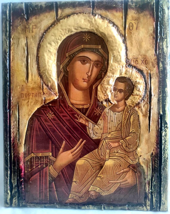 Panagia Portaitissa, Jesus Christ -Orthodox Greek Byzantine Wood Antique Style Icon