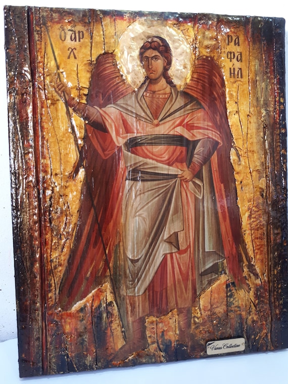 Handmade Wood Archangel Raphael Icon, Byzantine Greek Orthodox Angel of Healing Art
