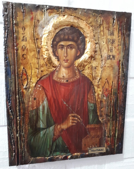 Orthodox Icon Saint St. Panteleimon Handmade Greek Byzantine Antique Style Icons