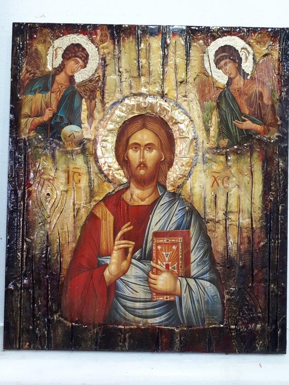 Handmade Jesus Christ Pantocrator the Blessed - Christianity Orthodox Byzantine Greek Icons