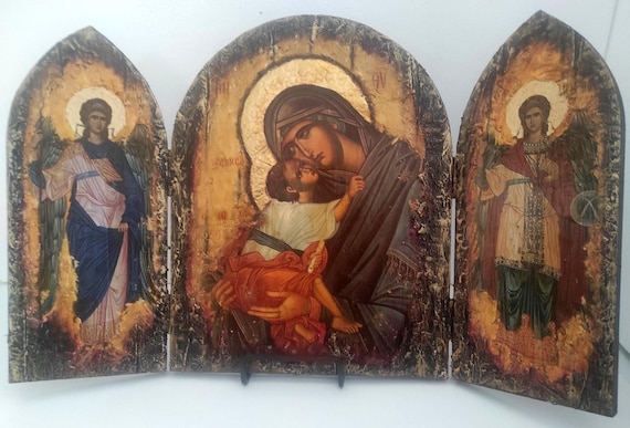 Virgin Mary - Jesus Christ with Michael and Gabriel Triptych Icon-Greek Orthodox Byzantine Icons.