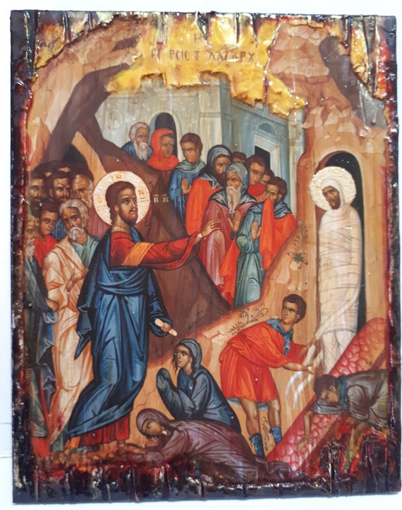 Raising of Lazarus Icon -Orthodox Greek Byzantine Wood Antique Style Icons