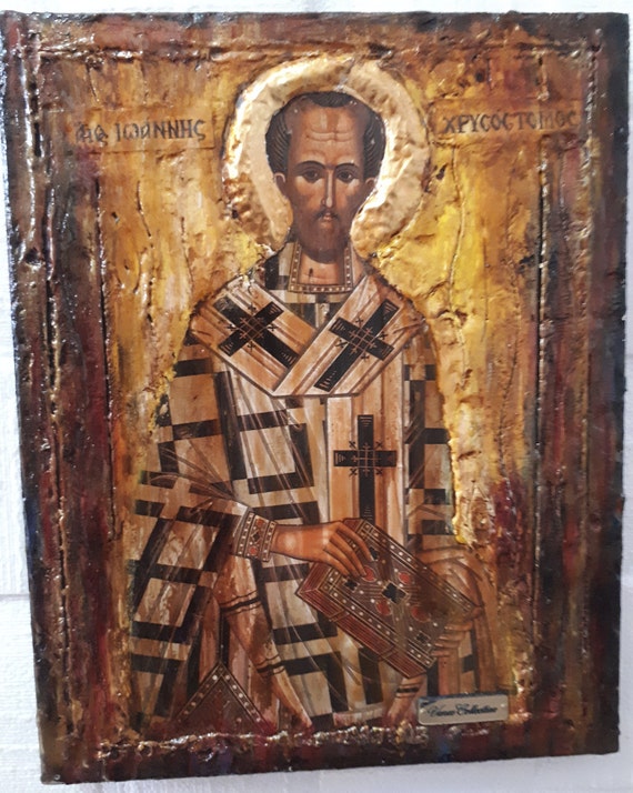 Saint St. John Chrysostom - Greek Handmade Orthodox Byzantine Antique Style Icons