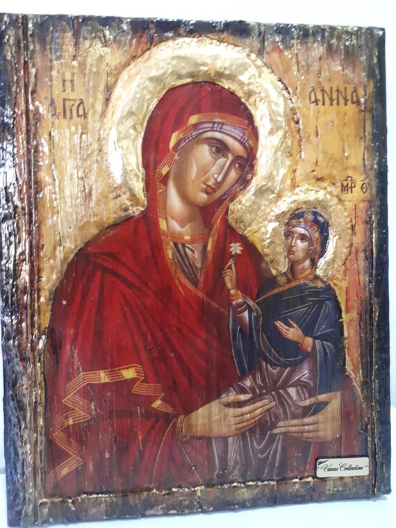 アンティーク聖母マリアとキリストイコン 聖アンナと聖母マリアのイエス・キリスト像 - ギリシャ・ロシア正教
