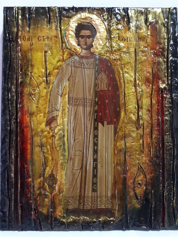 Saint Stefanos Stephen Wooden Greek Icon-Christian Orthodox Wood Icons
