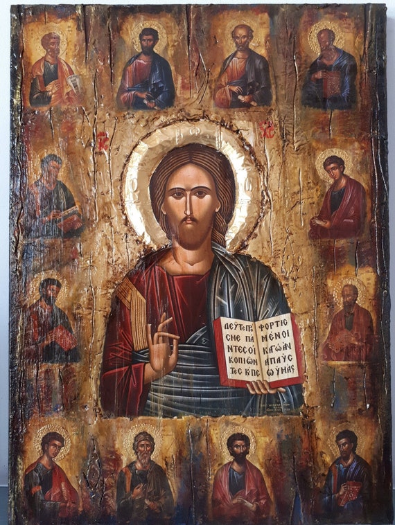Jesus Christ The Blessed-12 Apostles Icon-Orthodox Greek Byzantine Handmade Icons
