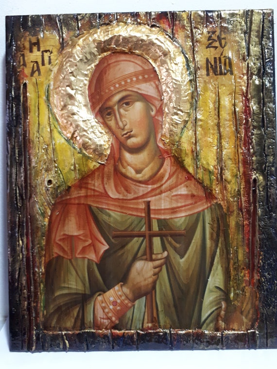 Saint St. Xenia Antique Style Icon on Wood-Greek Orthodox Russian Icons