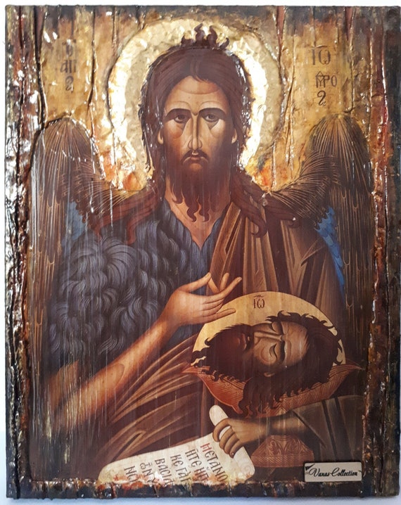 Saint John Ioannis the Baptist Handmade wood Icon- Greek Russian Orthodox Icons