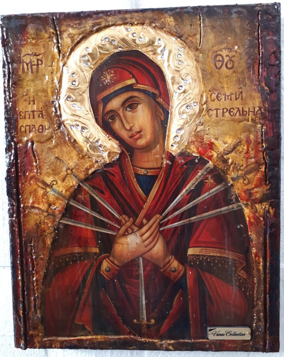 Virgin Mary Theotokos of the 7 Swords icon - Orthodox Greek Byzantine Handmade