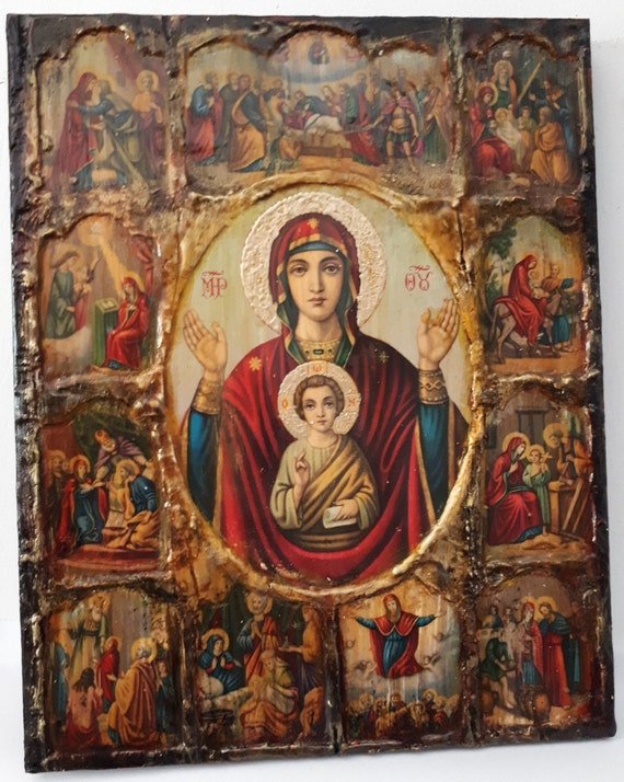 Virgin Mary and Jesus Christ the Life Icon- Greek Orthodox Handmade Icons
