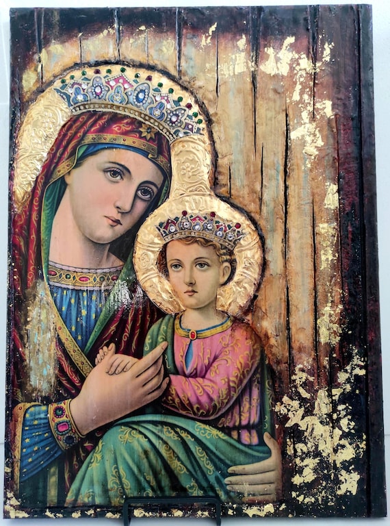 Virgin Mary of Angels and Child Jesus Christ Greek Orthodox Antique Style Large Icons