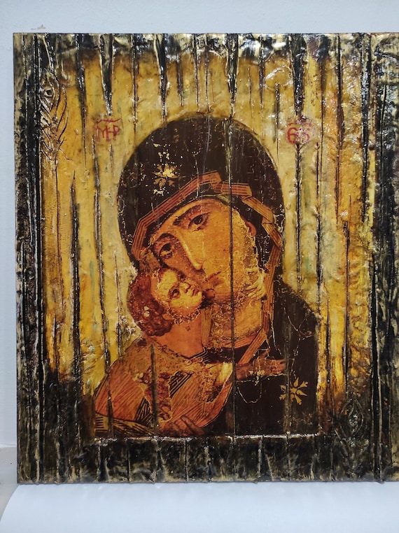 Virgin and Child, Sweet Kissing Glykofilousa Icon - Greek Byzantian Orthodox Antique Style Icons