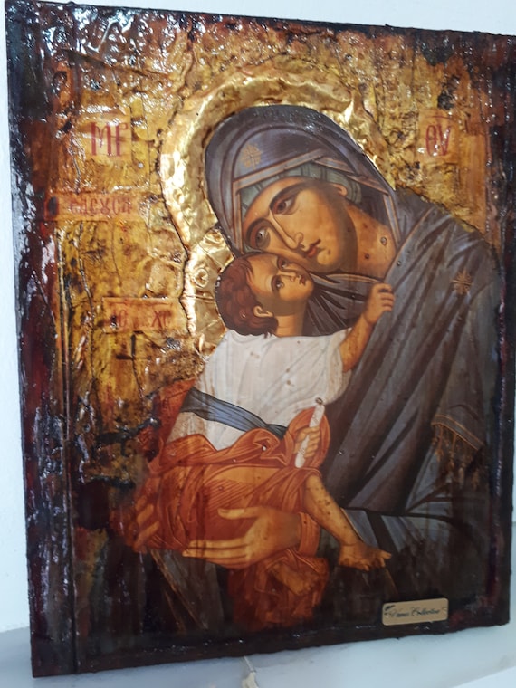 Virgin Mary Eleousa Jesus Christ Icon - Handmade Greek Orthodox Byzantine Icon