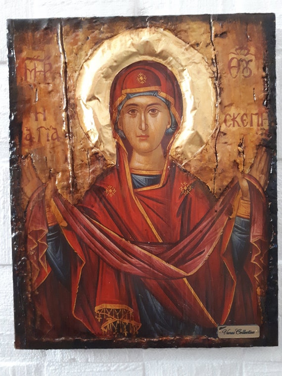 Panagia Virgin Mary Theoskepasti Greek Handmade Orthodox Byzantine Wedding Gift Icons