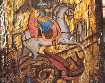 Handmade Greek Orthodox Icon: St. George Slaying Dragon, Antique Style Wood Decoupage