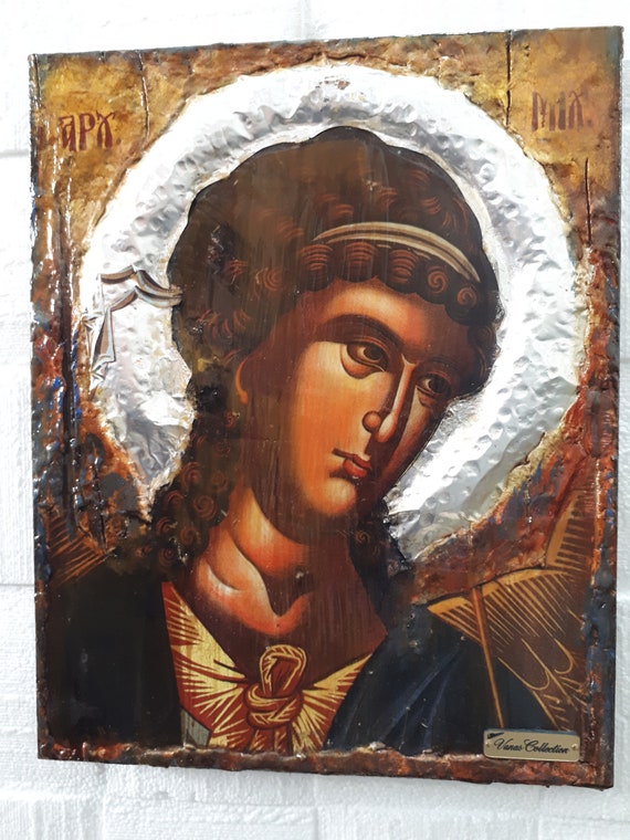 Archangel Michael handmade Greek Christian Orthodox byzantine icon Antique Style