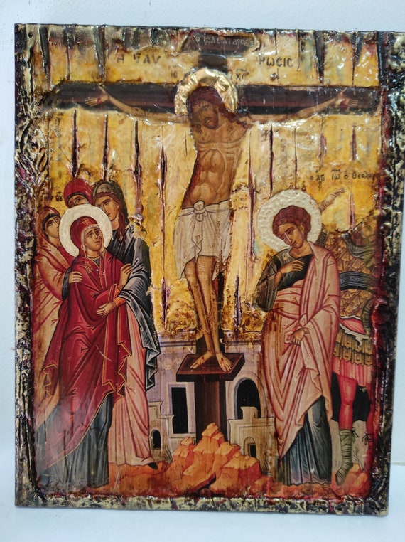 Crucifixion of Jesus Christ Icon- Unique Greek Orthodox Byzantine Icons on Hand