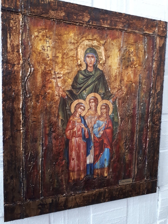 St Sophia the Martyr and her Daughters Faith, Hope and Love - Orthodox Rare Icon - Unique Item