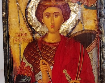 Saint St. George Icon- Handmade Greek Orthodox  Antique Style Icons, Byzantine Art for Devotion