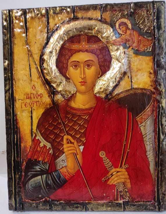 Saint St. George Icon- Handmade Greek Orthodox  Antique Style Icons, Byzantine Art for Devotion