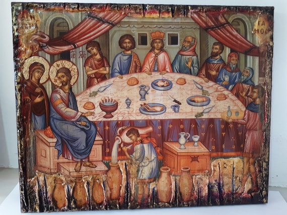 The Marriage  Feast at Canaa - Christ with His disciples, Christianity Orthodox Greek Icons