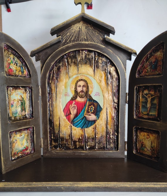 Triptych Icon the Life of Jesus Christ On Wood, Greek Christian Orthodox Byzantine Large 42X38X14 cm