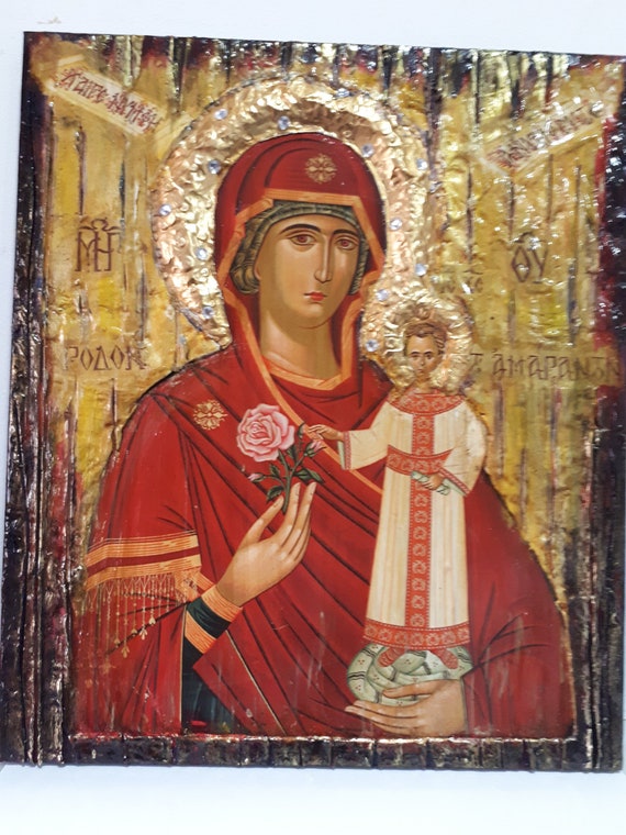 Virgin Mary Rodon Amarantos Icon- Greek Orthodox Byzantine Antique Style Icons