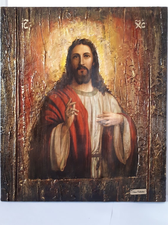 Jesus Christ - Wooden Greek Christianity Byzantine Orthodox Icon- Antique Style Icons