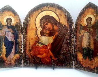 Vergine Maria - Gesù Cristo con Michele e Gabriele - Icona trittico - Icone greco-ortodosse bizantine.