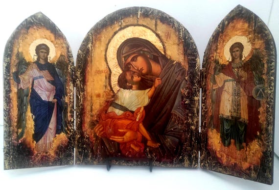 Virgin Mary - Jesus Christ with Michael and Gabriel Triptych Icon-Greek Orthodox Byzantine Icons.