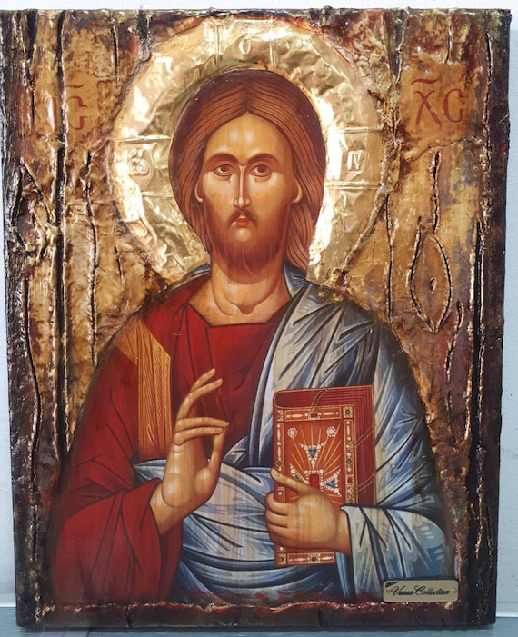 Handmade Jesus Christ Pantocrator the Blessed - Christianity Orthodox Byzantine Greek Icons