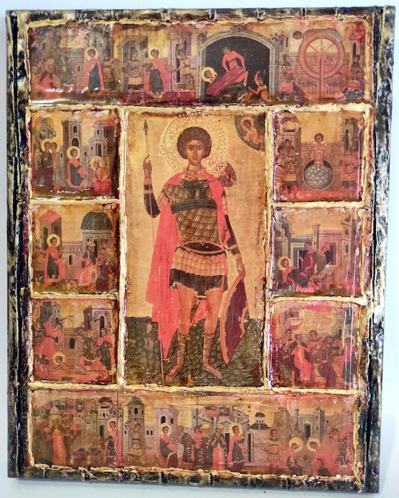 Saint St. George Life Icon- Handmade Greek Orthodox Byzantine Antique Style Icons