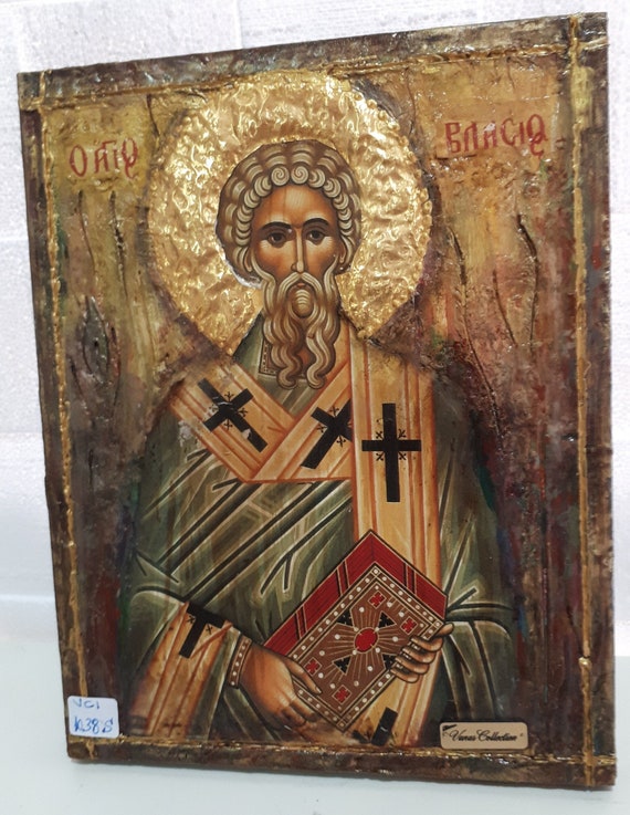 Saint Vlasios Christian Religious Handmade Icon Greek Icons Byzantine Ikons Rare