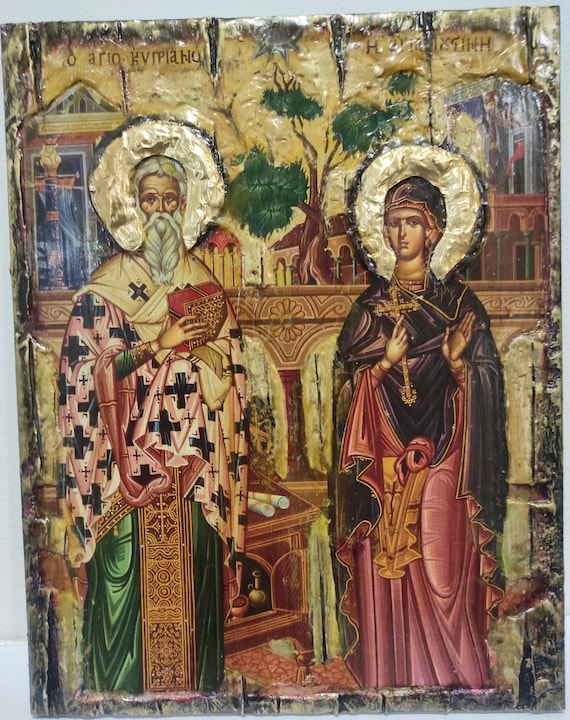 Saints Cyprian, Hieromartyr, Bishop of Carthago and Justina, Virgin-Martyr, of Nicomedia, Full Body Icon-Greek Byzantine Icons