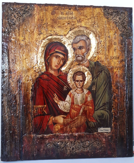 The Holy Family - Virgin and Child with Saint Joseph the Betrothed- Greek-Byzantine Icon