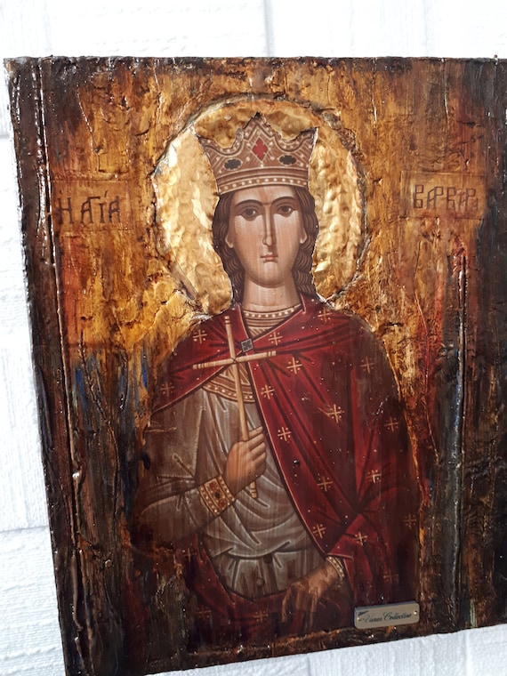 Saint St. Barbara Varvara Icon - Handmade Greek Orthodox Byzantine Icons - Antique Style Icon