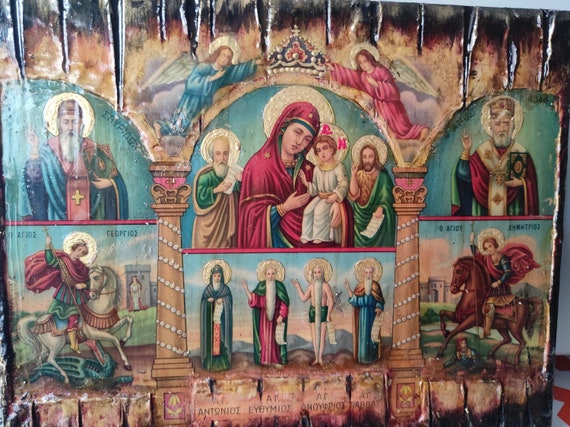 Virgin and Child, Saints John Theologian, John Forerunner, Spyridon, George, Anthony, Euthymius-Greek Religious Icons