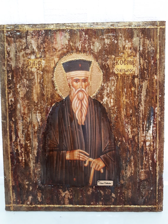 Saint St Kosmas Cosmas Greek Orthodox Byzantine Icon Ikons Handmade Antique Style 35 cm X 30 cm X 2 cm