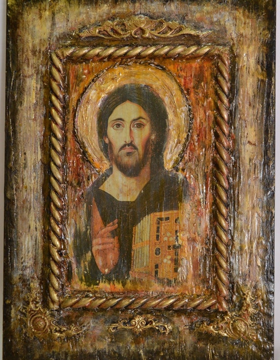 Jesus Christ Pandokrator Blessed of Sina Icon, Orthodox Greek Handmade Icons