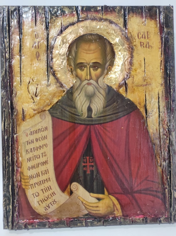 Saint St Savvas Savas Icon-Greek Orthodox Byzantine Handmade Antique Style Icons