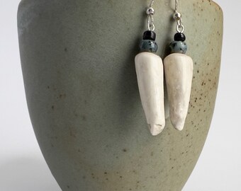 Antler Tine Earrings Antler Tip Jewelry Caribou Antler Boho Jewelry Beaded Natural Jewellery Green Stone Black Glass Beads Wild Girl