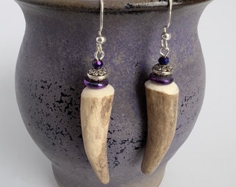 Antler Tine Earrings Antler Tip Jewelry Caribou Antler Jewelry Beaded Natural Jewellery Silver Purple Crystal Glass Metal Beads Wild Woman