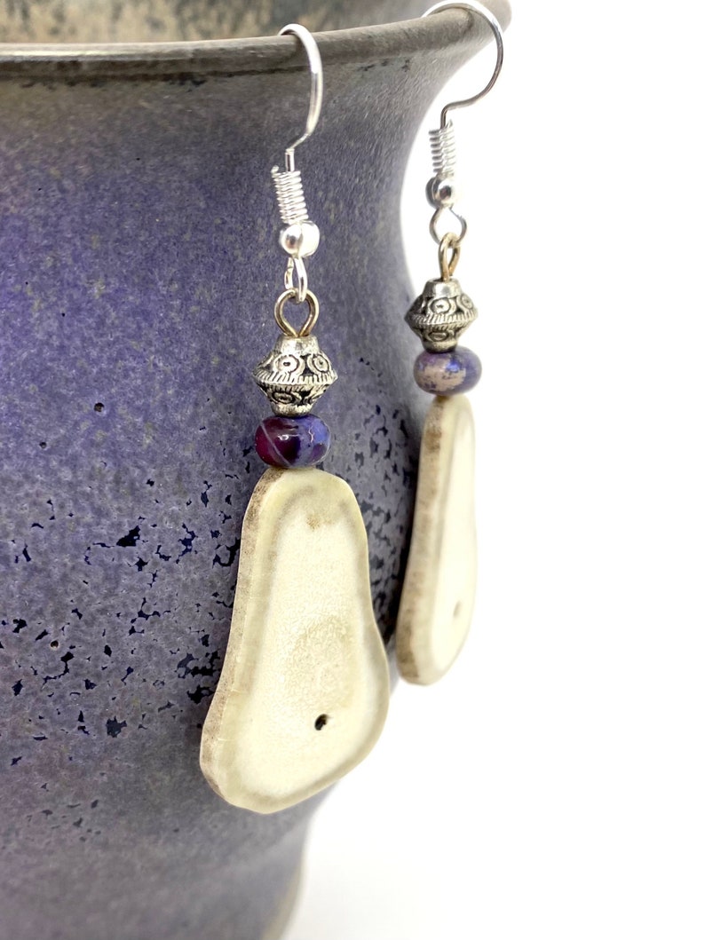 Antler Earrings Jewelry Carved Caribou Antler Boho Jewelry Beaded Earrings Natural Jewellery Silver Stone Beads Purple Gift for Her image 2