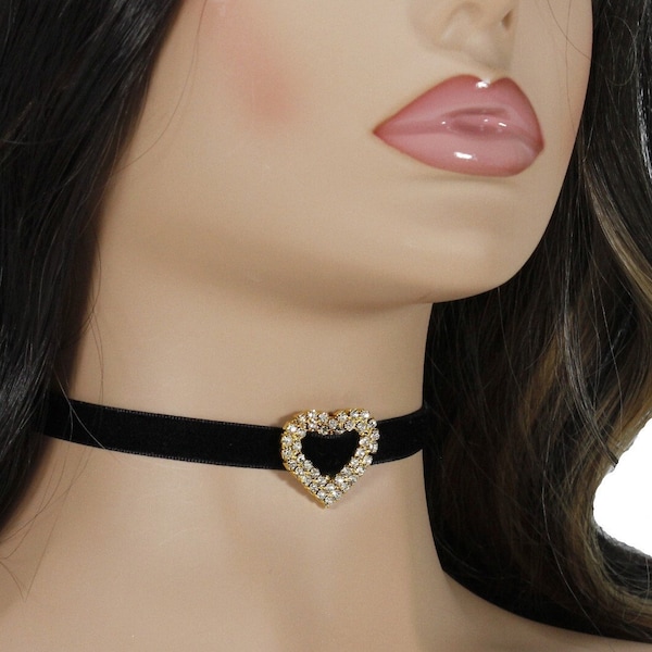 Black velvet choker with rhinestone silver/gold heart pendant charm for woman Velvet necklace collar Valentines day gift for her