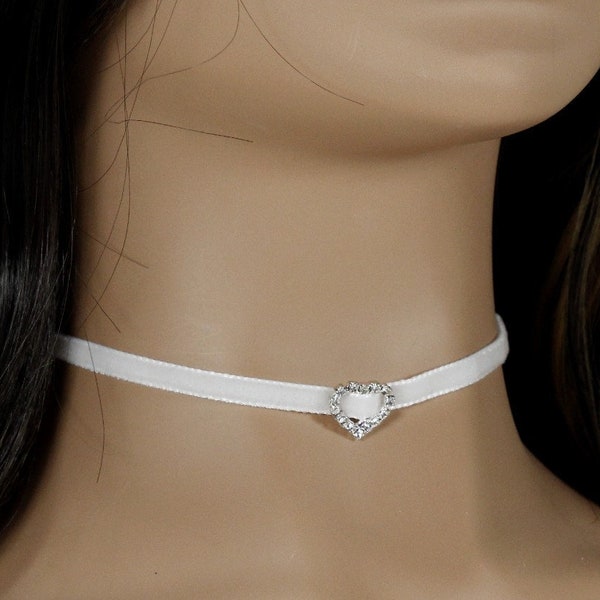 Delicate white choker necklace for woman or girl with a rhinestone heart charm Wedding white with silver heart bridal necklace choker