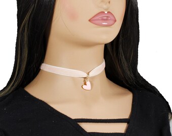 Pastel Pink Velvet Choker: Heart Pendant Necklace