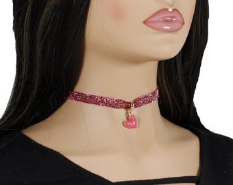 Pink Velvet Choker: Heart Pendant Valentine's Necklace