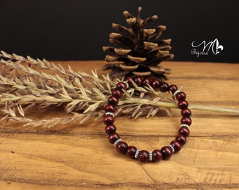 Burgundy wooden bead bracelet easy to put on for men's