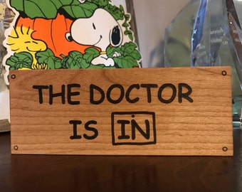 The Doctor Is In, Wooden Block, Charlie Brown, Peanuts, Wooden Sign, Laser Engraved Gifts, Snoopy, Shelf Sitter, Psychiatric Help 5 Cents