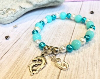 Beaded Dolphin Bracelet, personalised initial charm, womens gift, Gift for girls